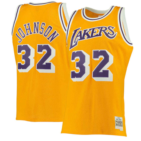 Men's Mitchell & Ness Magic Johnson Gold Los Angeles Lakers 1984/85 Hardwood Classics Swingman Jersey