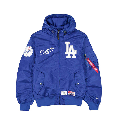 Men's Los Angeles Dodgers New Era x Alpha Industries Blue Current Day Full-Zip Hooded Nylon Bomber Jacket