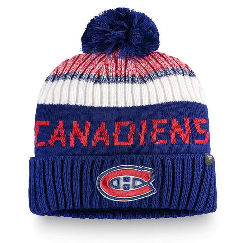 Men's Montreal Canadiens Fanatics Branded Blue/Red Authentic Pro Rinkside Goalie Cuffed Knit Hat with Pom